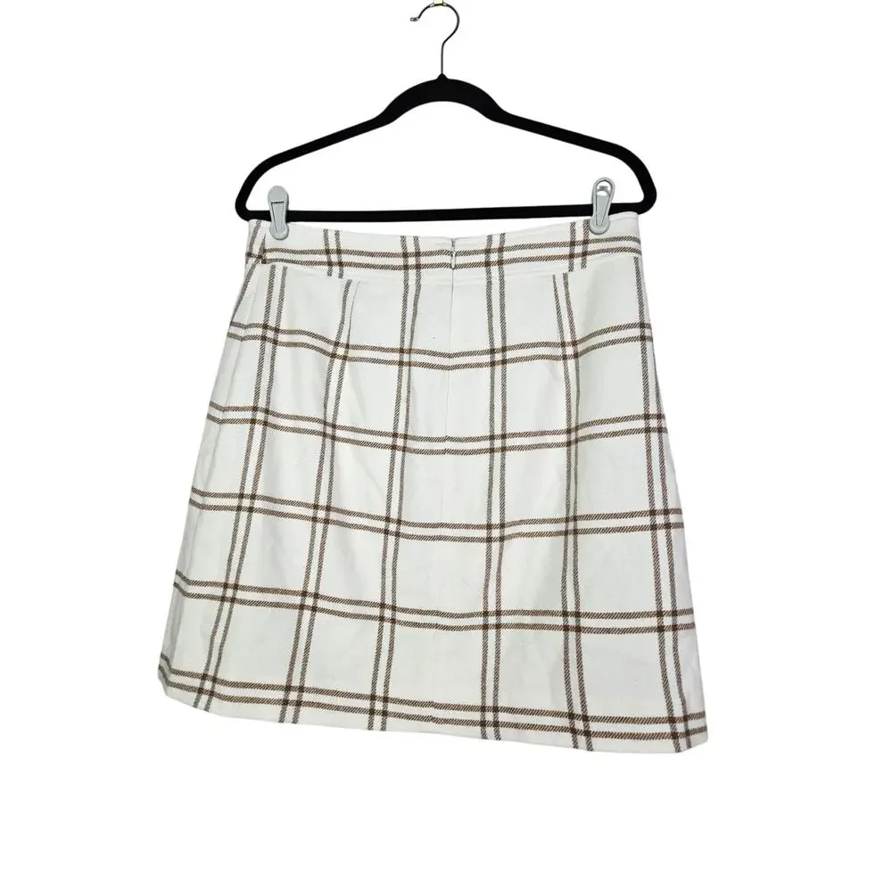 NEW J.Crew 10 Ivory Brown Windowpane Check Plaid Wool A Line Skirt Classic